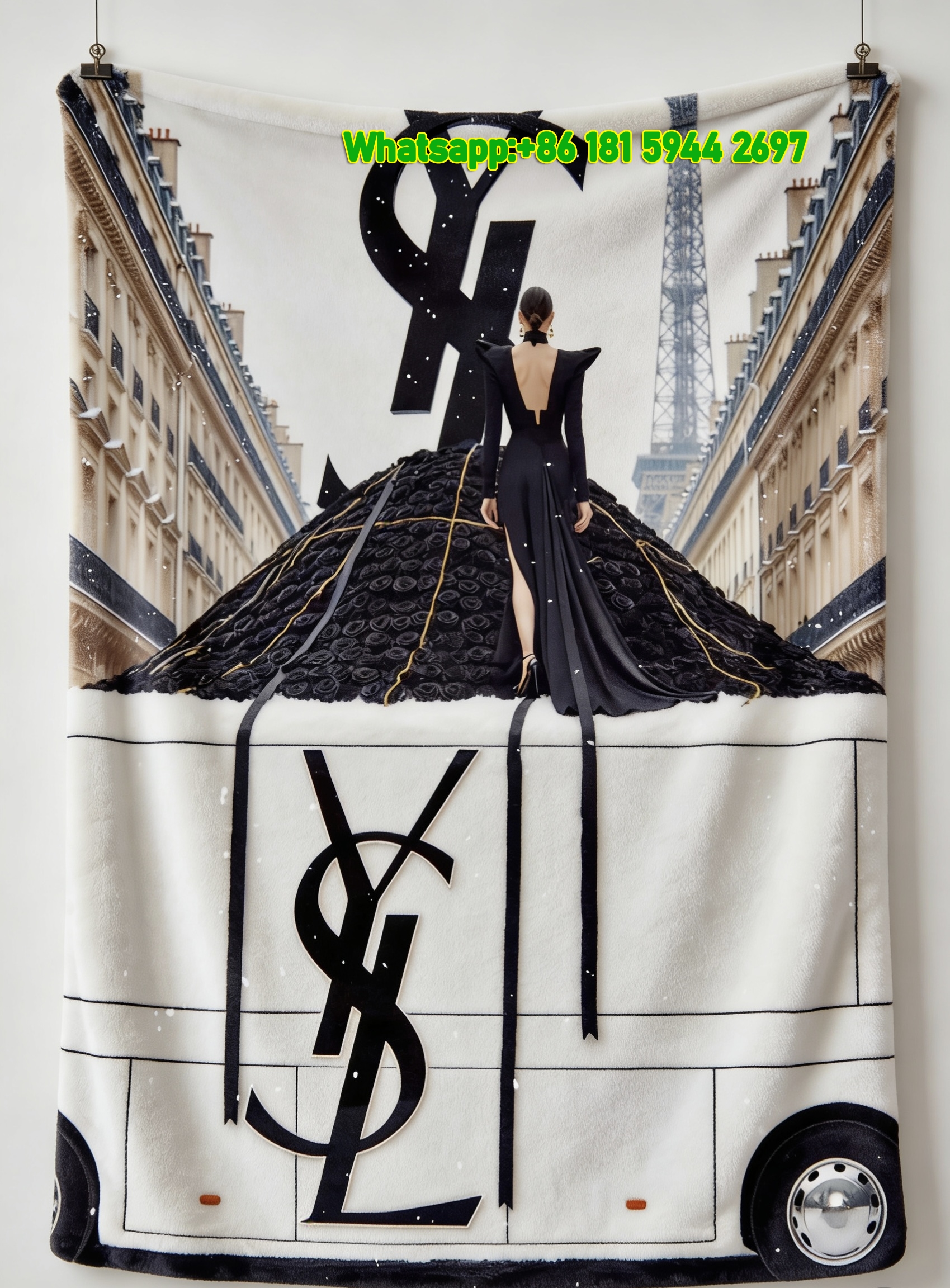 Yves Saint Laurent YSL Black White Paris Eiffel Tower Bus Print Flannel Throw Blanket IMG_3285